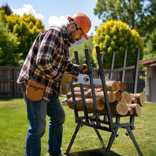 Cavalletto taglialegna per motosega, struttura tubolare, 4 supporti max 400 kg
