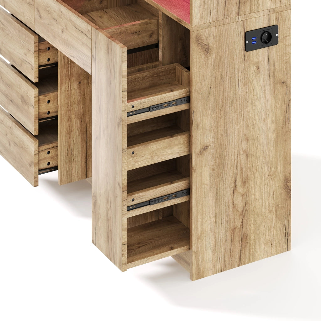 Credenza da cucina con LED e presa, ripiani regolabili, portabottiglie, MDF nero naturale 105 × 40 × 185 cm