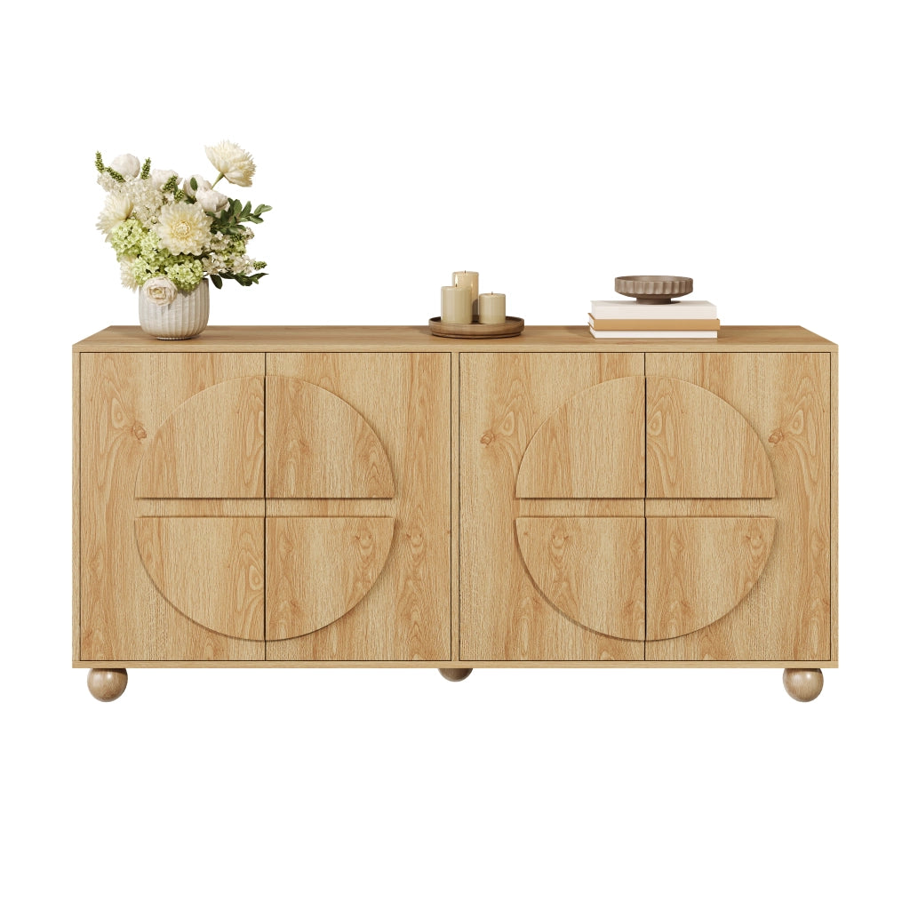 Sideboard a 4 ante con rilievo circolare; 160x38x76 cm; in MDF e pino; naturale