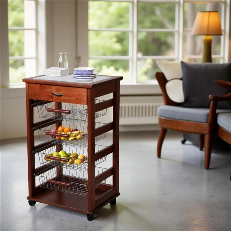 CARRELLO VESUVIO CON CASSETTO CILIEGIO INTERAMENTE IN FAGGIO E BASE INFERIORE IN BETULLA 1 CASSETTO PIANO MATTONELLE IN CERAMICA