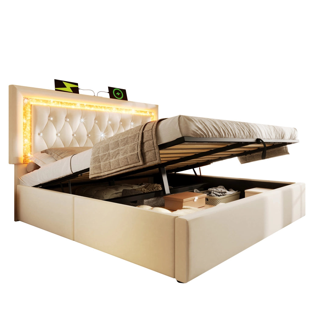 Letto imbottito con LED, porta USB e vano contenitore