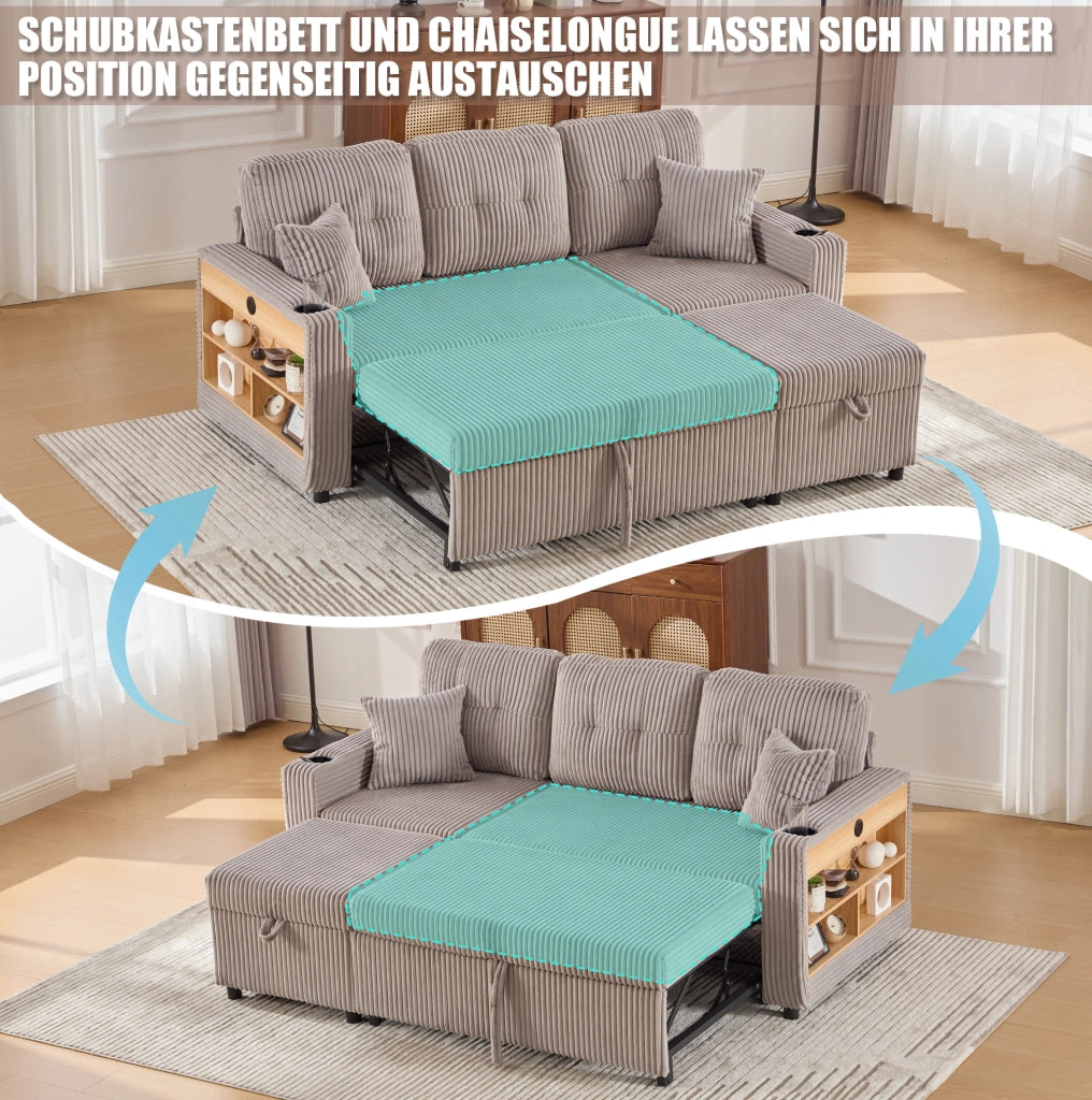 Divano letto estraibile con contenitore; USB-C e LED 196x82/144x85 cm in velluto a coste grigio chiaro