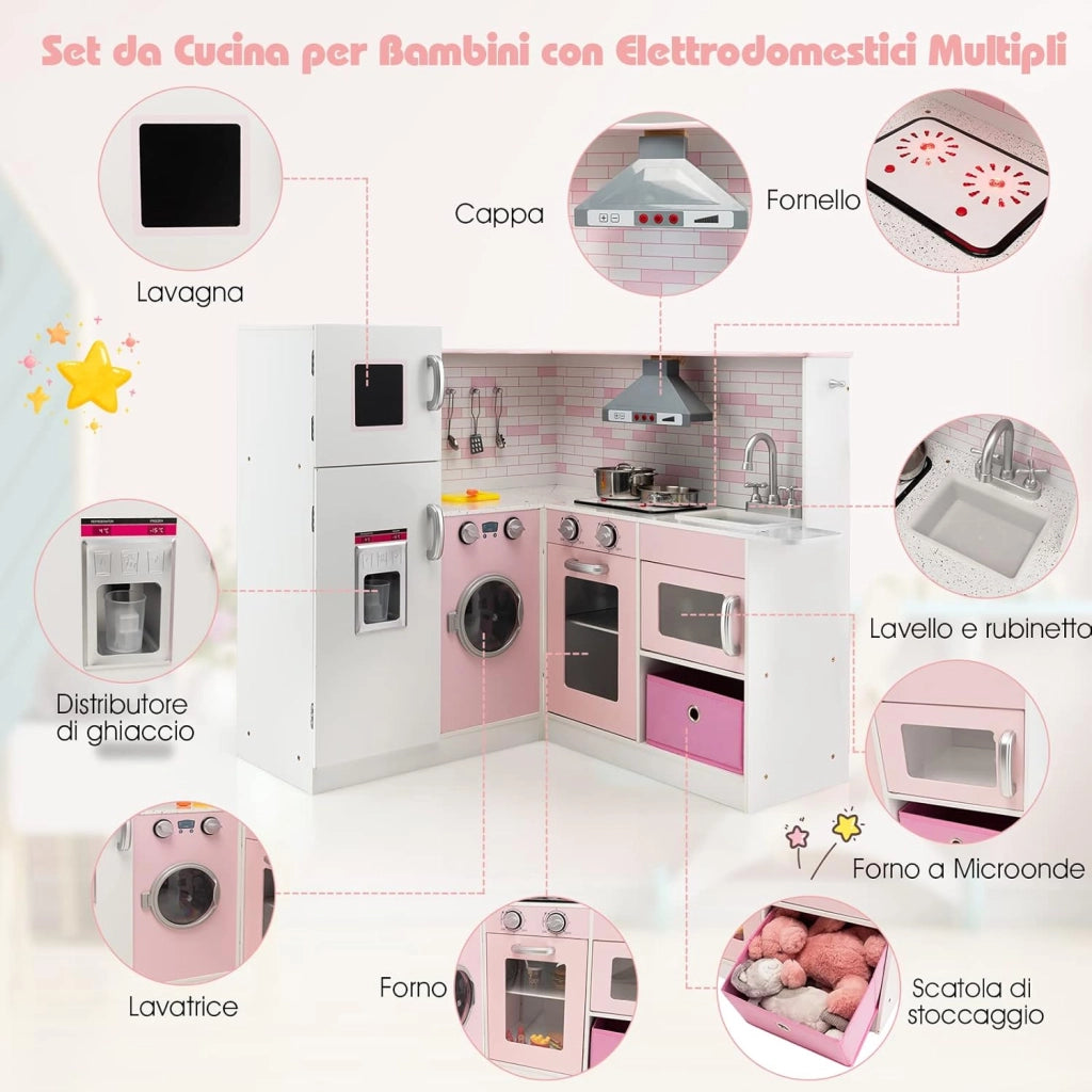 Cucina Giocattolo per Bambini in Legno, Mini Cucina Angolare per Bambini con Luci e Suoni Interattivi e Accessori per Cucina, Ideale per 3+ Anni, Rosa