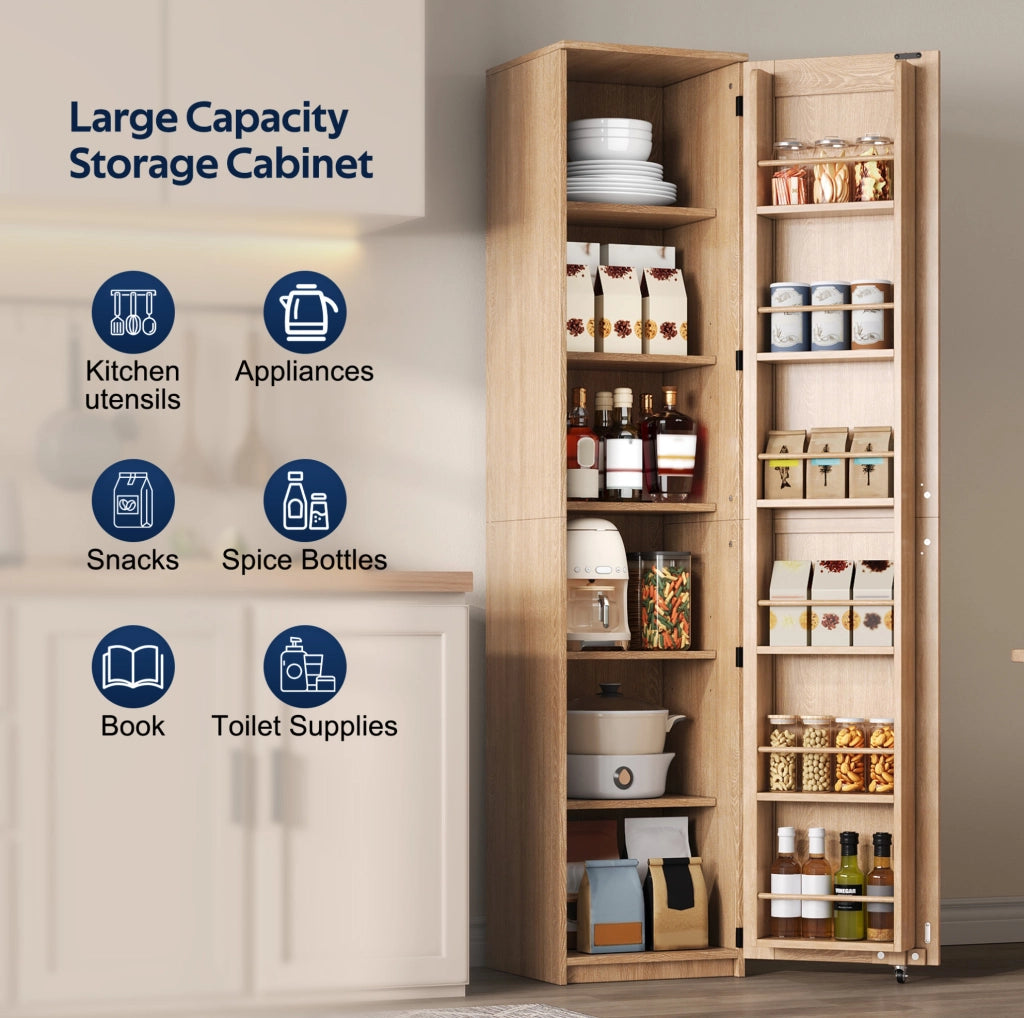 Mobile dispensa alto con ripiani regolabili e vani sulla porta; 40 x 40 x 183 cm; MDF naturale