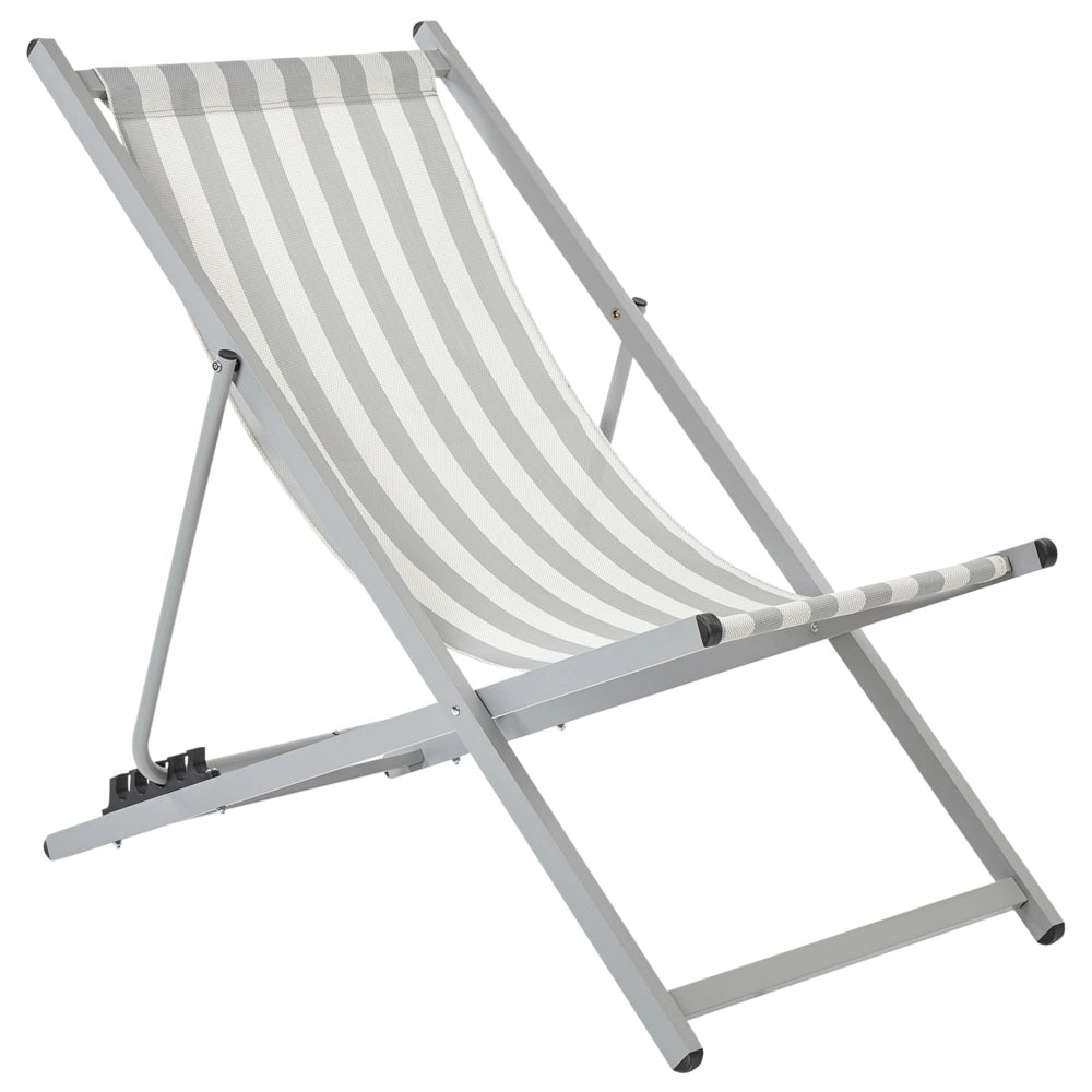 Sedia a sdraio pieghevole Bianco Grigio Textilene a strisce Sedile a fionda Sedia da spiaggia Schienale regolabile Patio Reclinabile
