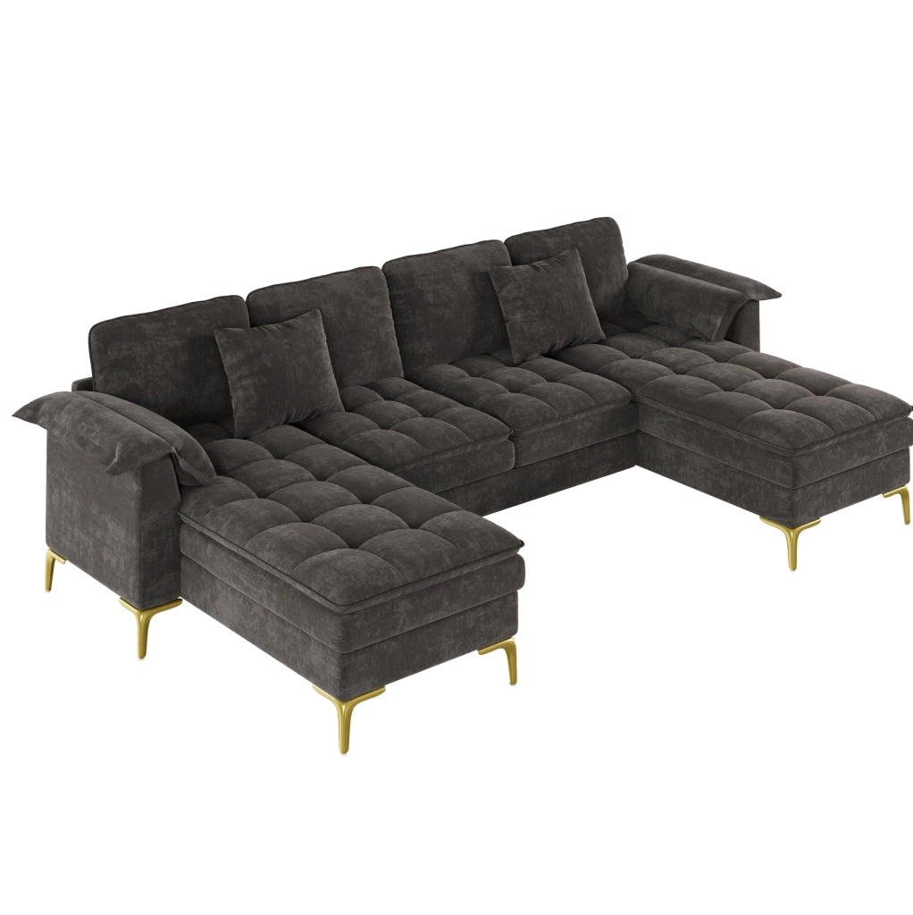 Divano angolare a U 262x134 cm grigio in ciniglia; 2 chaise longue e 2 cuscini