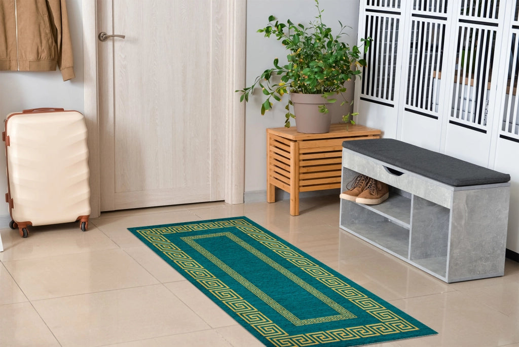 Tappeto Arredo Moderno Morbido in Ciniglia Ingresso Antiscivolo Prodotto Italiano  Soggiorno Camera Salotto Disegni Piazzati Cotone Varie Misure Grande Atena/Petrolio - 140x200 cm