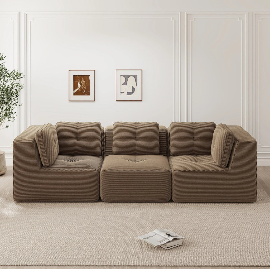 Divano angolare modulare in corduroy marrone 297x104x69 cm con seduta profonda 74 cm