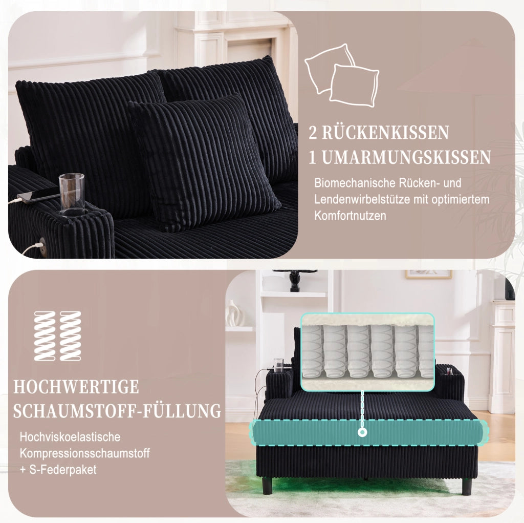 Poltrona relax oversize in velluto a coste con LED e USB