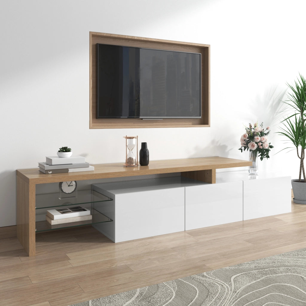 Cassettiera per TV bianco naturale in MDF e vetro; lunghezza 197.5 cm