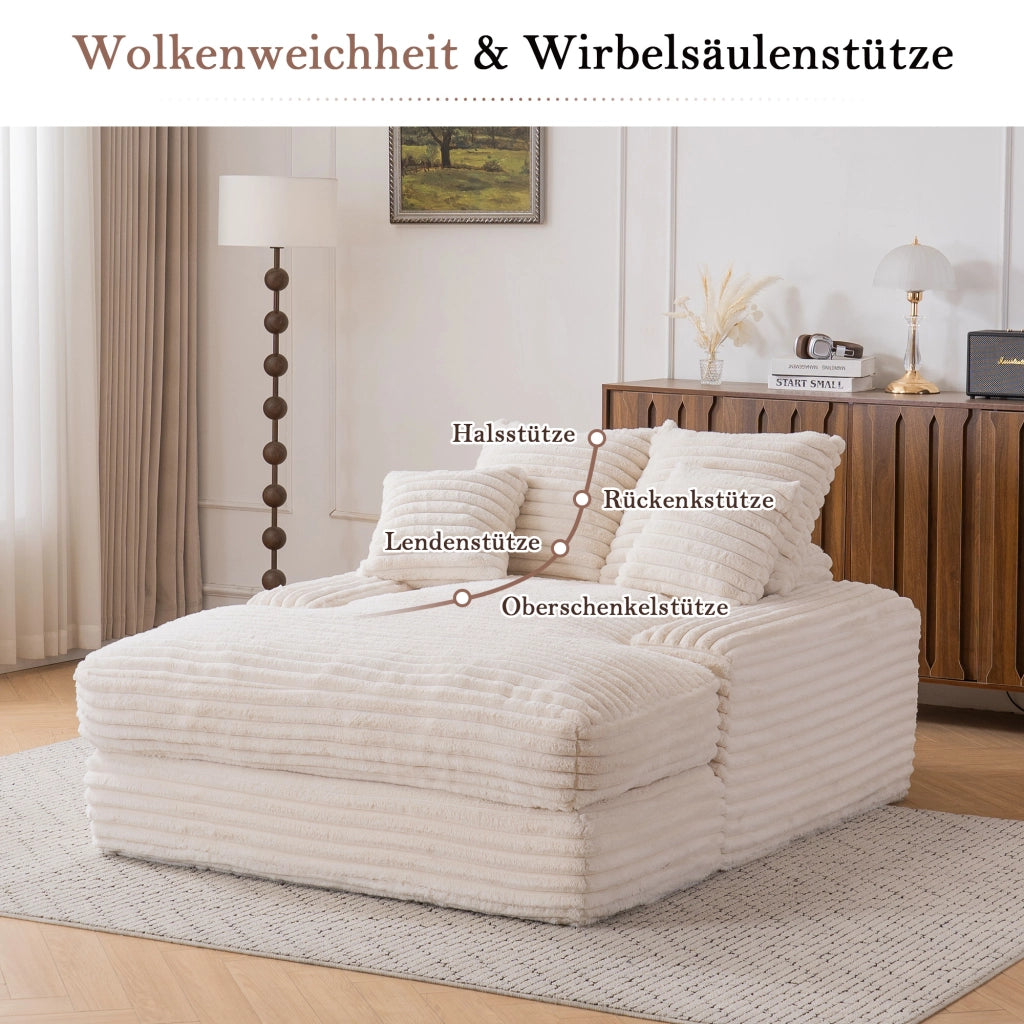 Méridienne in tessuto effetto corda con quattro cuscini rimovibili e supporto ergonomico beige 135 × 165 × 58 cm