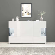 WHOUS Credenza Egypt a 3 ante con inserti in vetro espositivi bianco lucido 135x40x80 cm