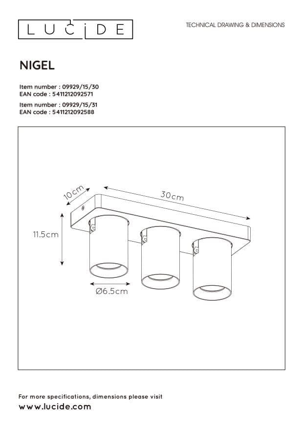 Lucide Nigel plafoniera 3 luci GU10 nera 2200K LED