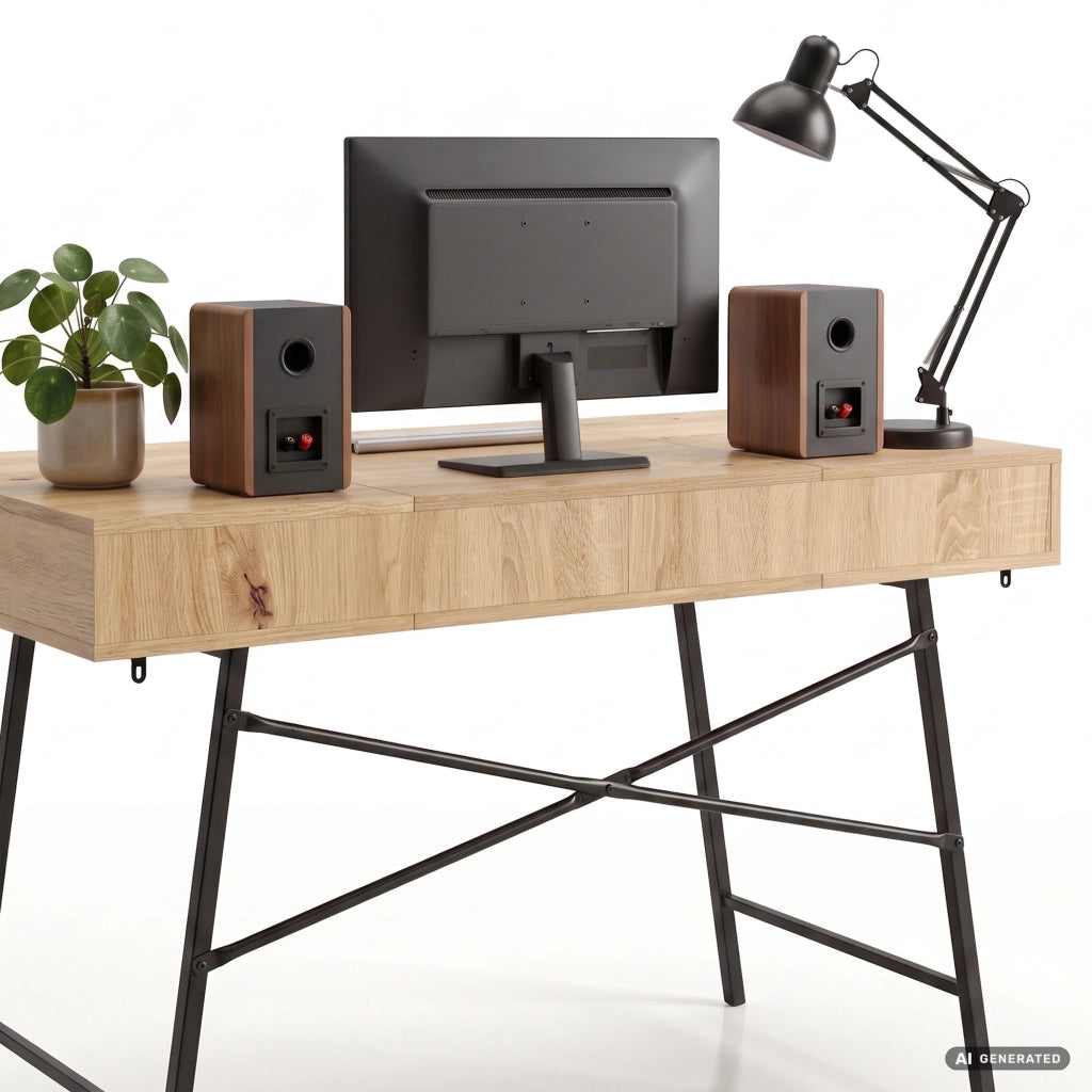 Scrivania industriale per computer Rovere Artisan ARDEN 120 cm 2 cassetti 1 ripiano gambe nere
