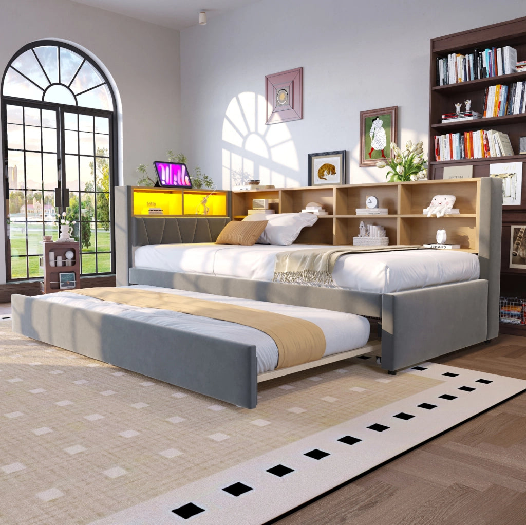 Divano letto 90x200 cm con letto estraibile; LED e prese in flanella grigio scuro