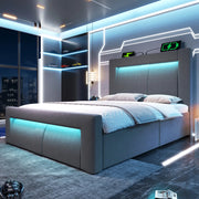 Letto singolo 90x200 cm con contenitore; LED; porte USB e USB C; velluto grigio