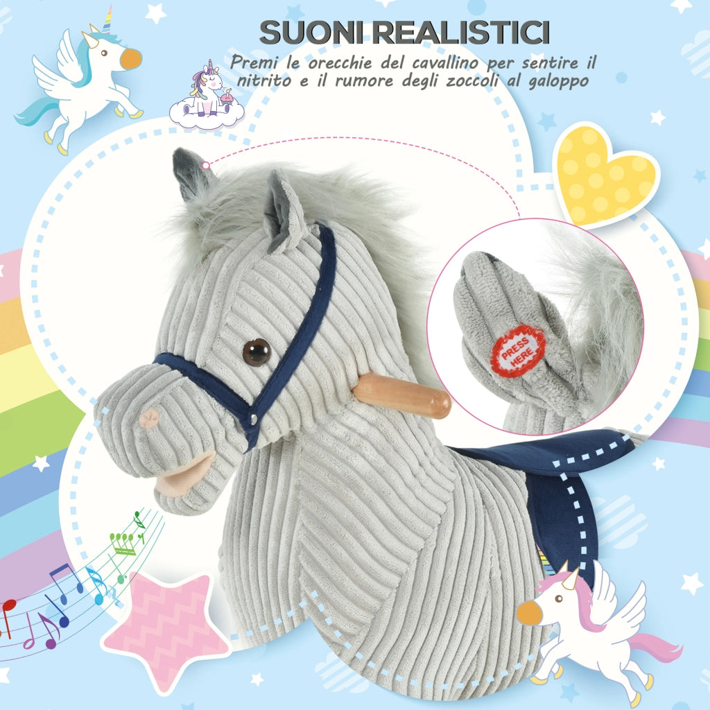 Cavallo a Dondolo per Bambini 3-6 Anni con Suoni in Peluche, 73x35x64cm, Grigio