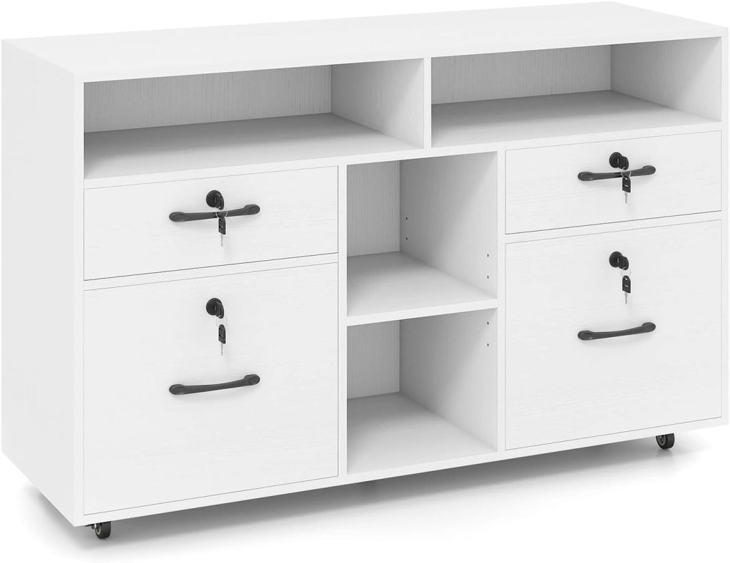 Cassetto da scrivania mobile con 4 cassetti chiusi con 8 chiavi, 4 ripiani aperti, ripiano centrale regolabile, armadio con raccoglitori su ruote per documenti A4, formato lettera (bianco)