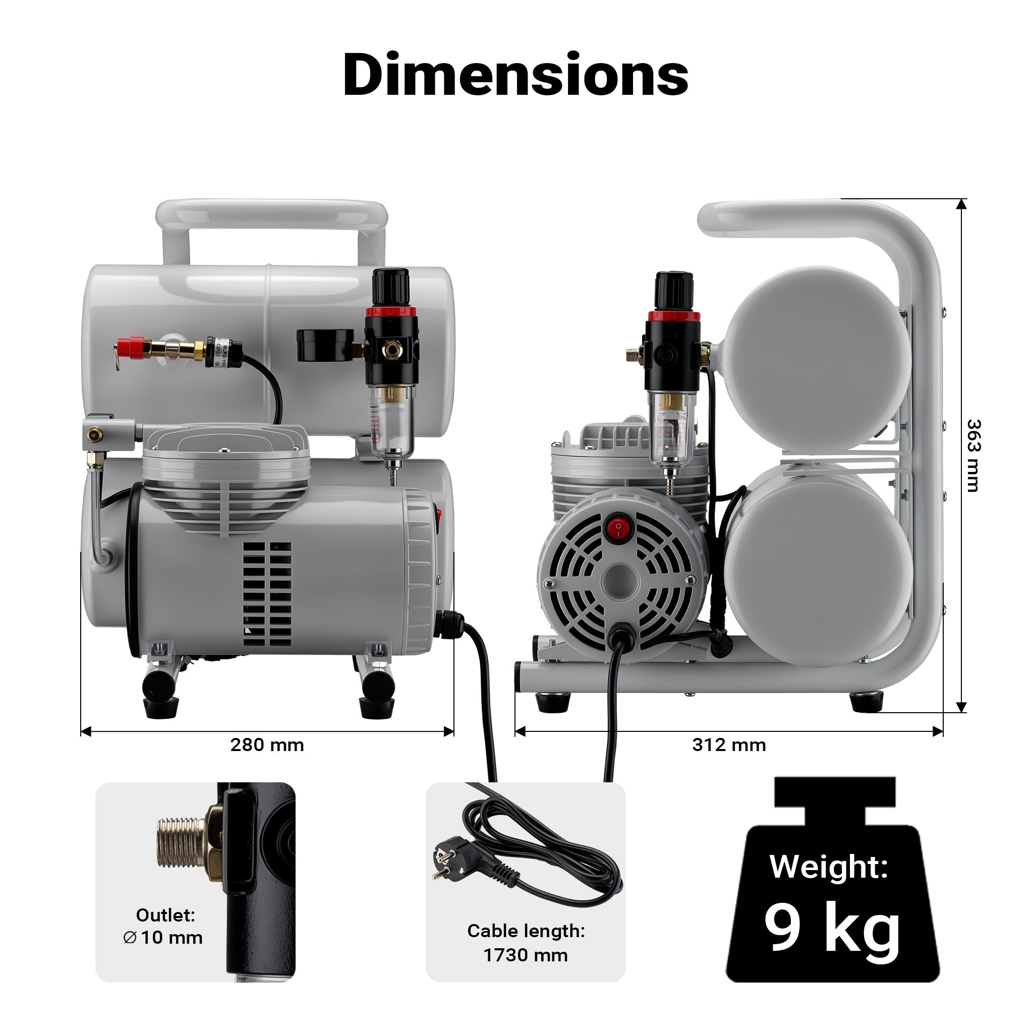 Compressore aerografo AS06T 1/4 CV con accessori, compressore per pistola aerografo con elevata portata d'aria 65-69 l/min, potente dispositivo ad aria compressa 3,2 bar, per aerografia