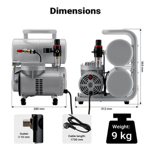 Compressore aerografo AS06T 1/4 CV con accessori, compressore per pistola aerografo con elevata portata d'aria 65-69 l/min, potente dispositivo ad aria compressa 3,2 bar, per aerografia