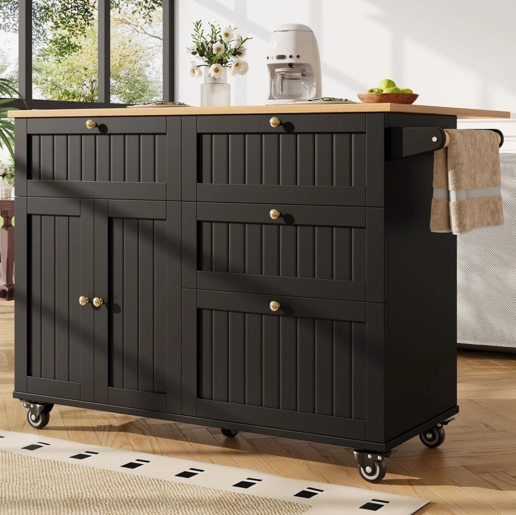 Isola da cucina mobile pieghevole in MDF nero con ruote
