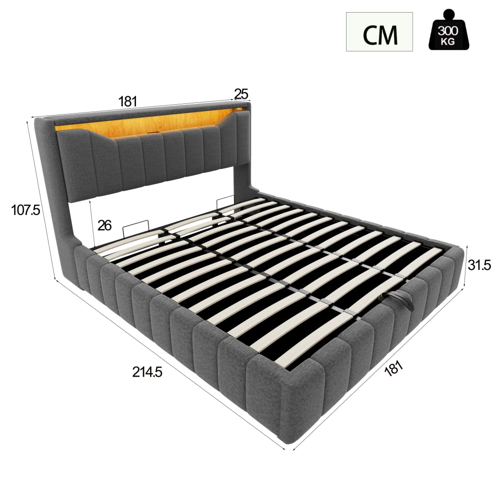 Letto contenitore matrimoniale 180 × 200 cm con sistema idraulico, LED, USB e USB-C, senza materasso, grigio