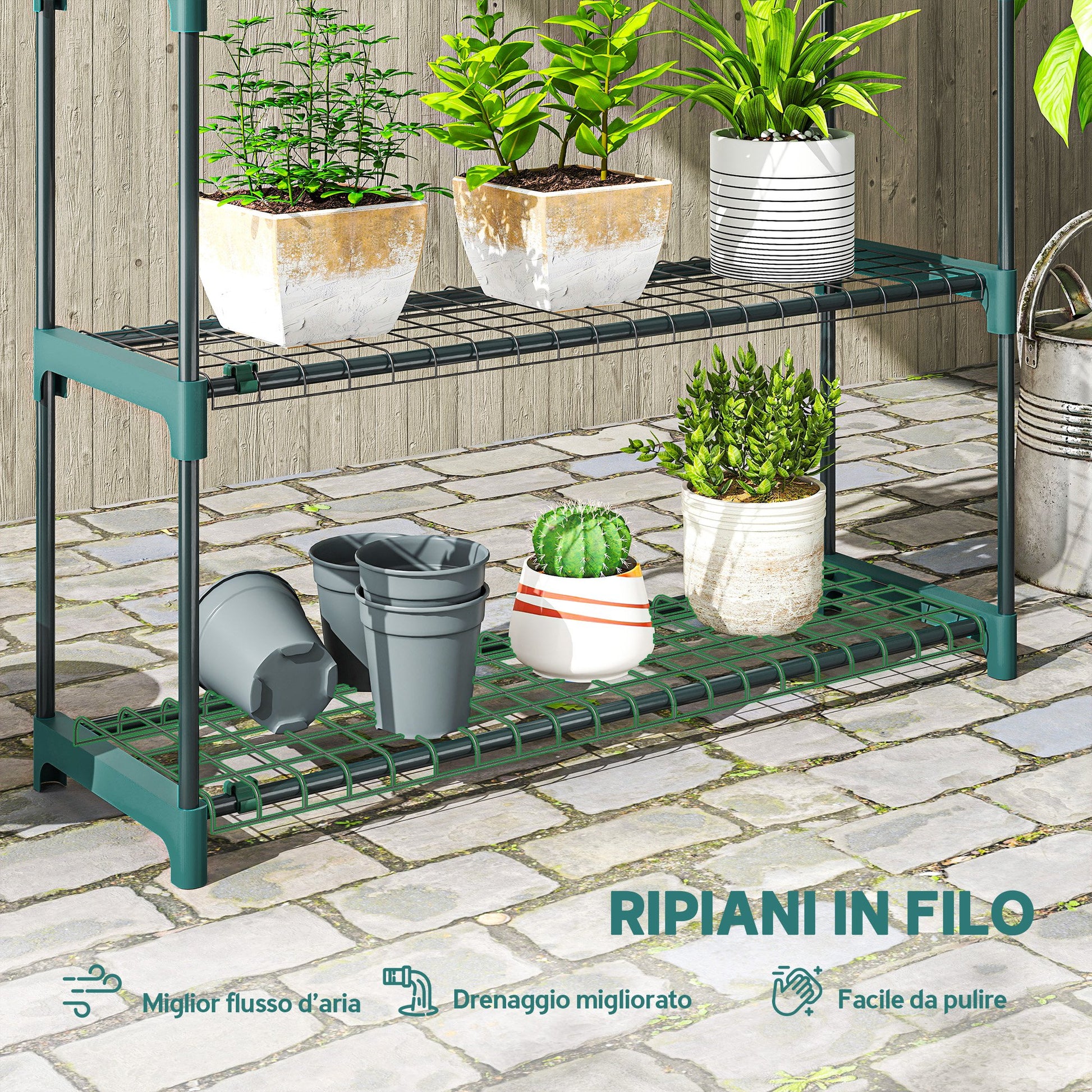Set di 2 Scaffali per Piante a 4 Livelli 90x28x104 cm con Ganci in Acciaio Verde