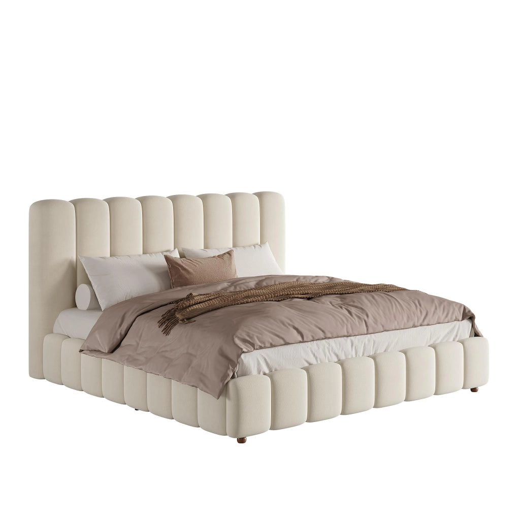 Letto contenitore 160x200 cm in velluto beige con testiera a righe e rete a doghe