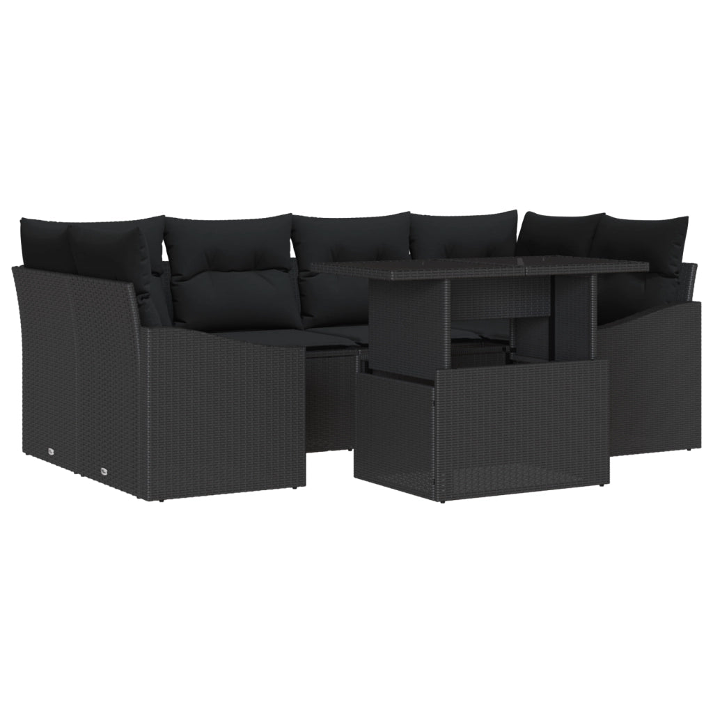 Set divano da giardino 7 pezzi con cuscini in polirattan nero