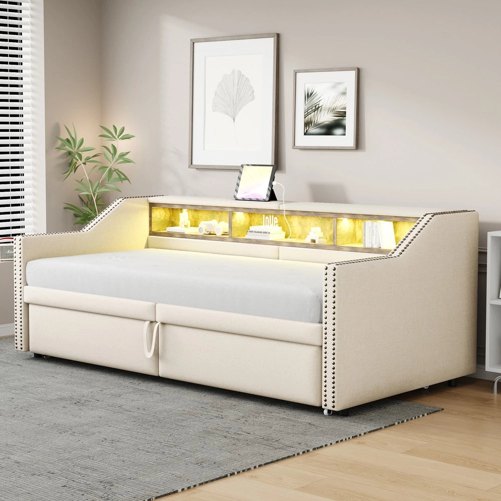 Letto Contenitore Imbottito Estraibile con LED e Rete a Doghe ¨C MINIMAL ¨C Beige 90x200/180x200
