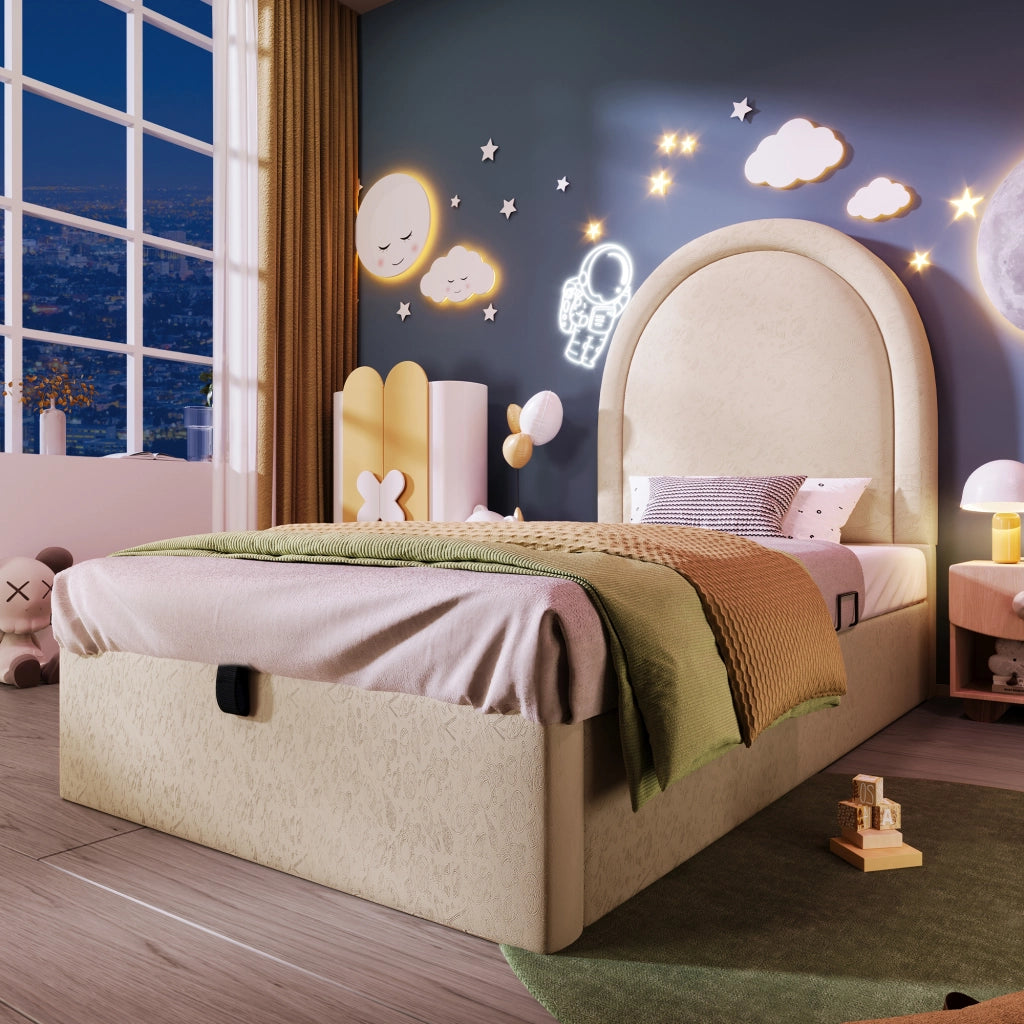 Letto Contenitore Letto Singolo 90×200 cm con Vano Sottoletto e Testiera Imbottita; senza Materasso; Beige