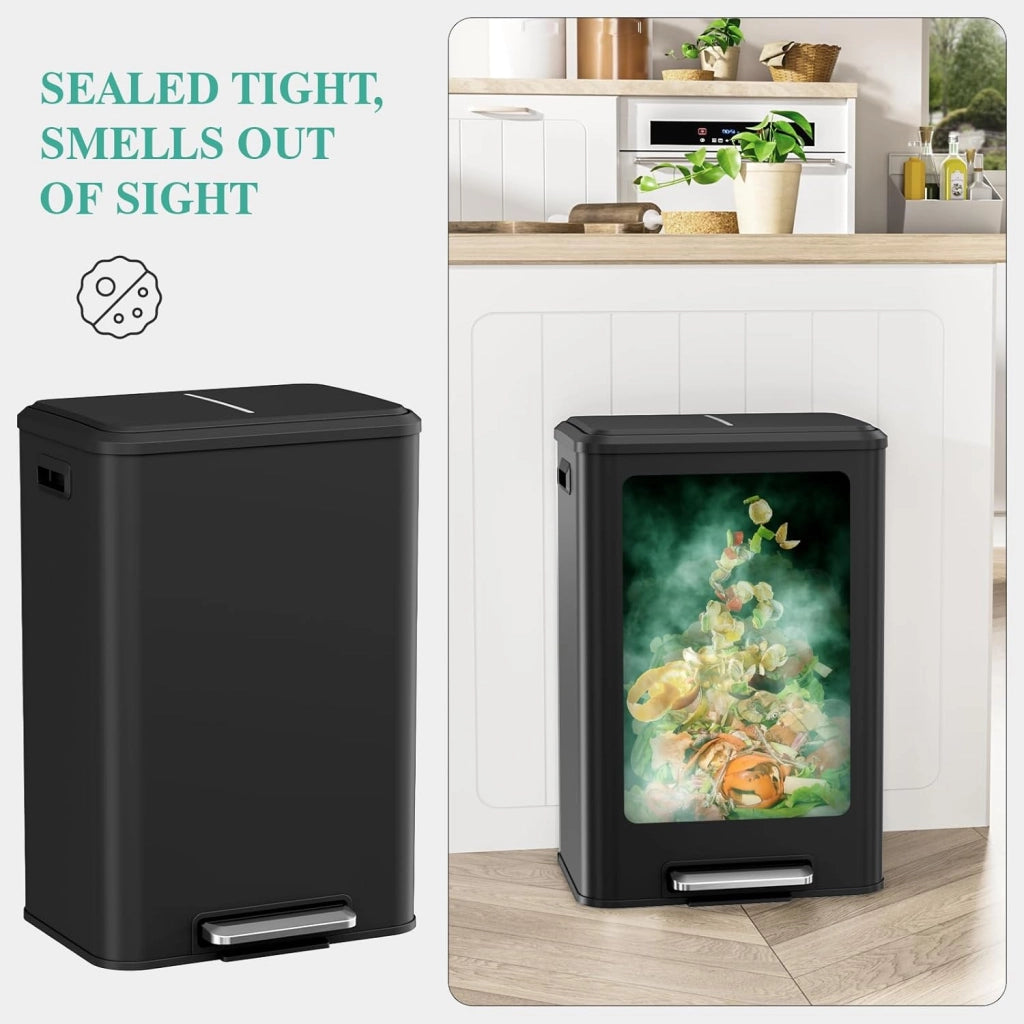 Pattumiera da cucina, 40 l, con secchio interno, con coperchio, chiusura morbida, pattumiera a pedale in acciaio, pedale, per ufficio, famiglia, colore nero