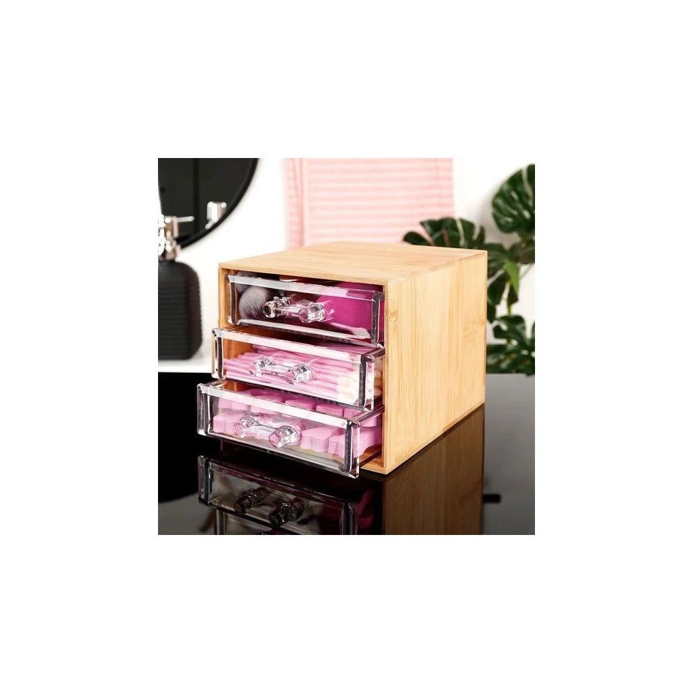 Trade Shop - Porta Gioielli Cosmetici Con 3 Cassetti Organizzatore Casa In Legno 12.3x15.3x11 Cm 10830 -