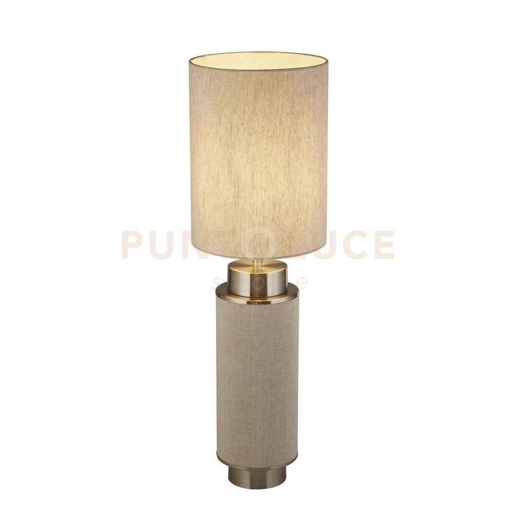 Lampada da tavolo Flask - nichel satinato, tela di iuta grigia e paralume bianco