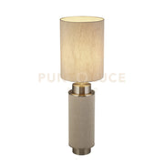 Lampada da tavolo Flask - nichel satinato, tela di iuta grigia e paralume bianco