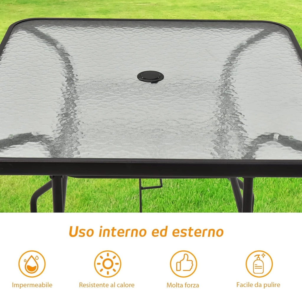 Tavolo Quadrato da Giardino, Tavolino in Ferro con Superficie in Vetro, Tavolo da Esterno per Cortile Giardino Balcone, Nero