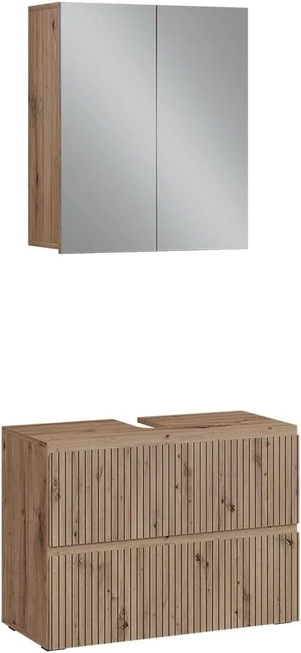 Set di mobili da bagno 3 pezzi Takumi, Artigiano, 80 cm, composto da mobile sottolavabo, specchiera e mobile medio