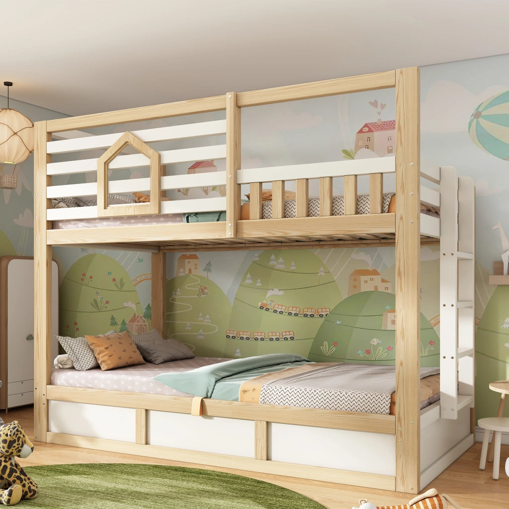 Letto a Castello 90 x 200 cm; 2 Posti - Contenitore e Scala - in Legno - Bianco e Rovere