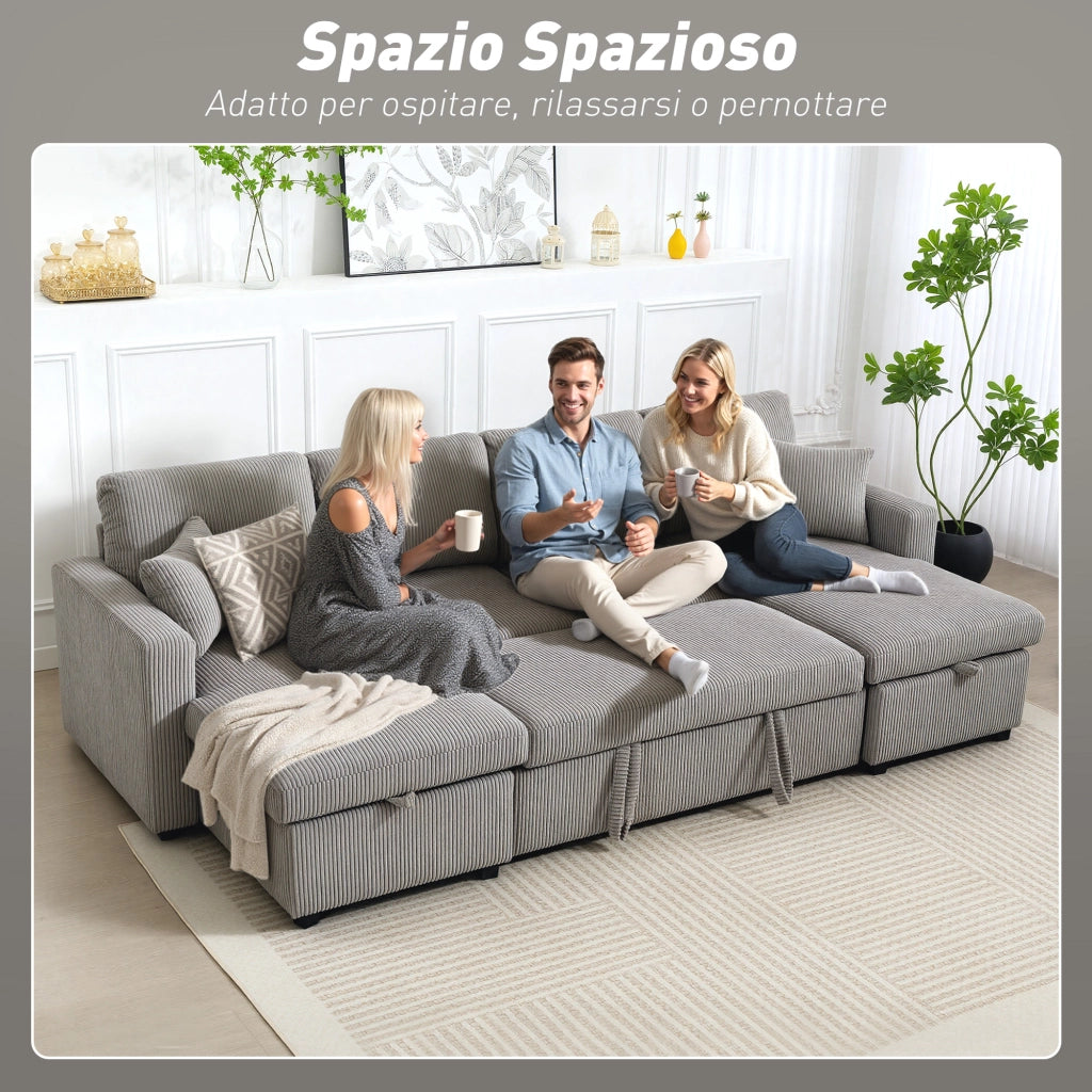 Divano Letto Angolare con 2 Chaise Longue e Contenitore, Velluto, 282x140x86 cm, Grigio ¨C Zephmum