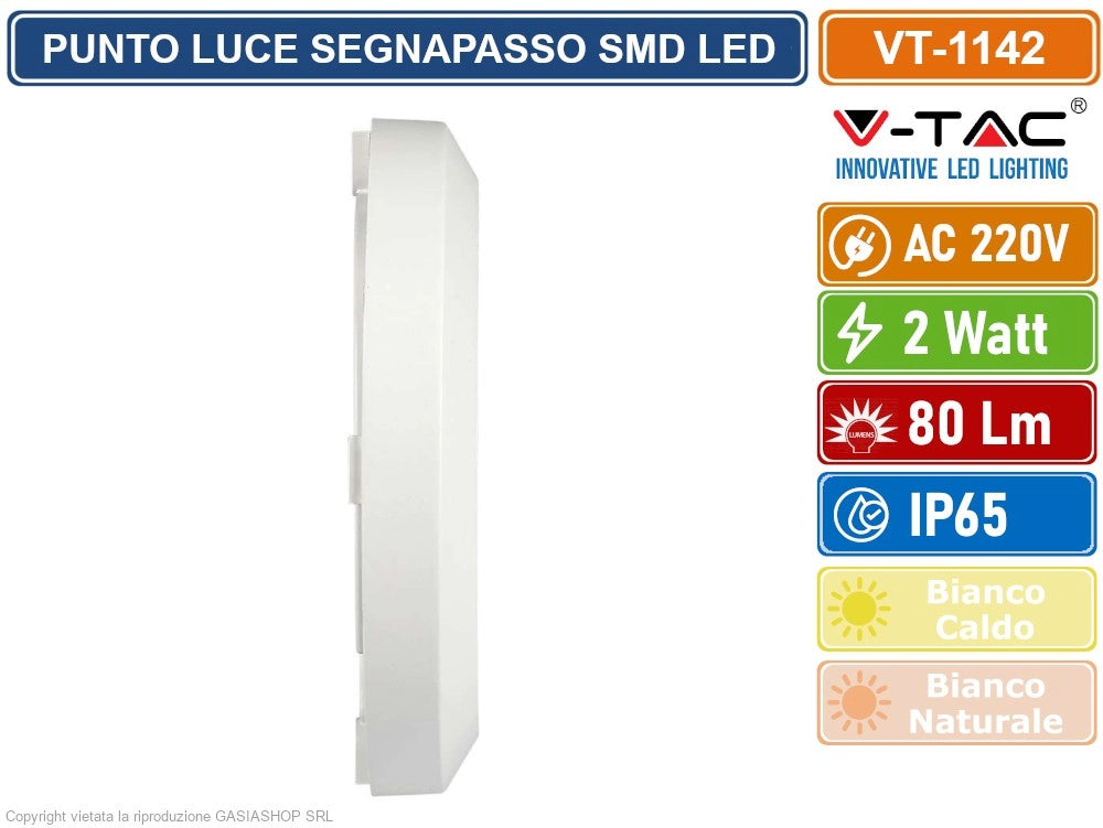 V-TAC VT-1142 FARETTO SEGNAPASSO LED A MONTAGGIO SUPERFICIALE ROTONDO 2W PER ESTERNO COLORE BIANCO - Colore Luce:Bianco Naturale