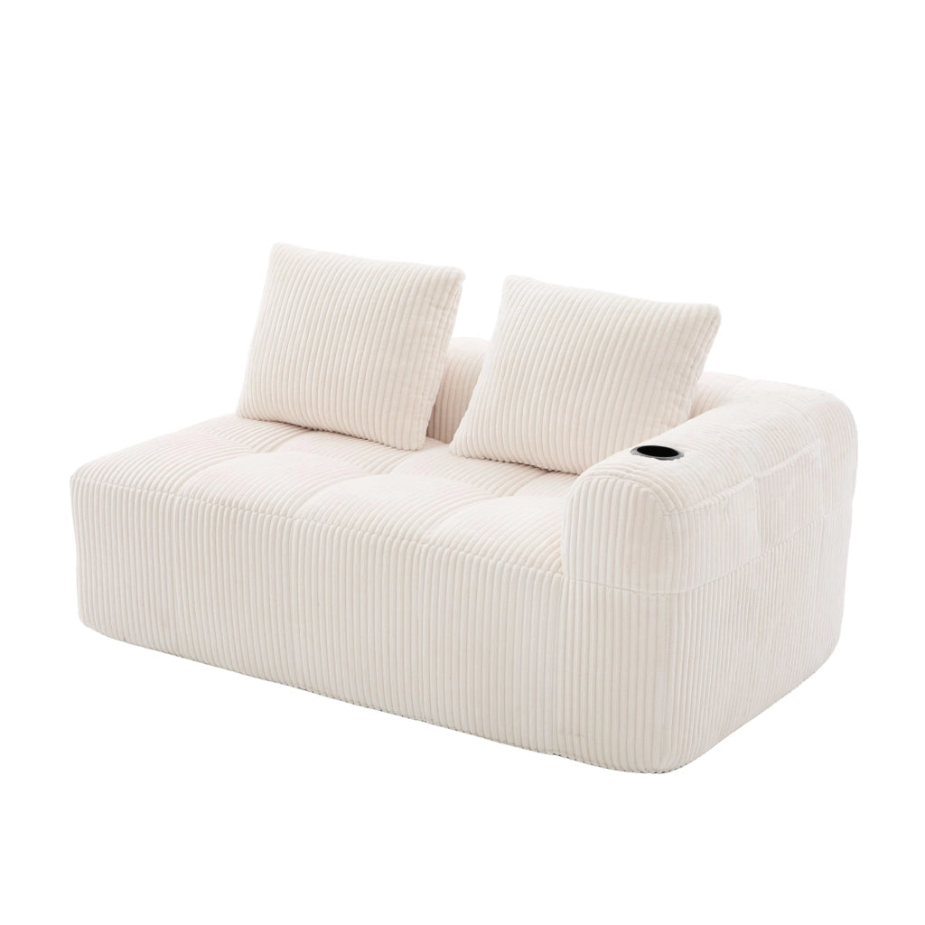 Divano diritto in corduroy con tasche laterali e portabicchieri, seduta compatta e stabile beige 158 × 93 × 61 cm