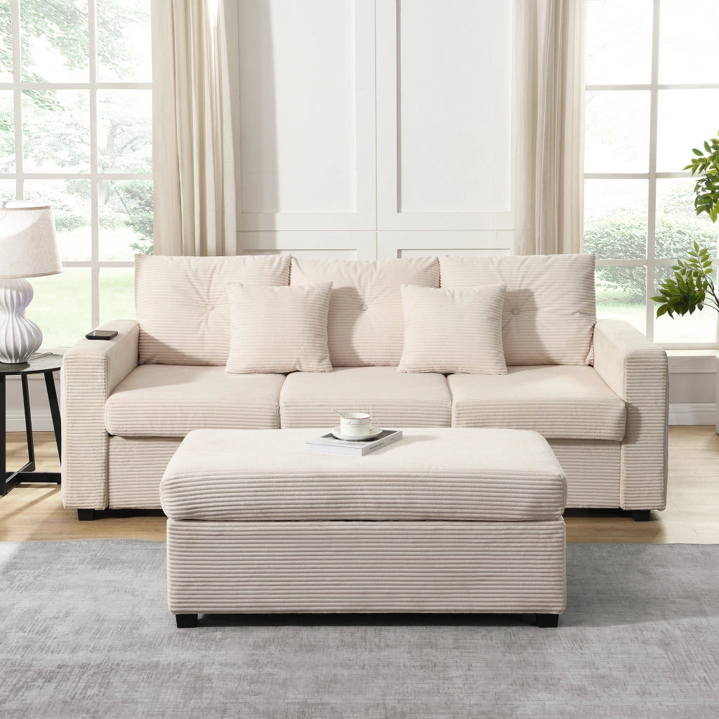 Divano modulare a L 3 posti - con LED e pouf multifunzione - in tessuto cord beige