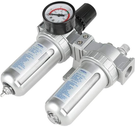 Filtro Regolatore per aria - Filtratore per compressore - Separatore umidità e oli - Argento - Per attrezzature per aria - Adatto a diverse applicazioni