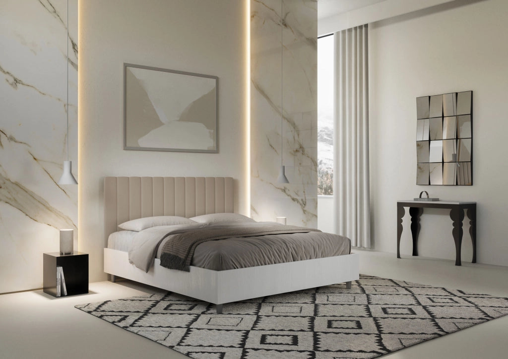 Letto Matrimoniale 160x190 cm con Rete e Contenitore Alzata Comoda Struttura Bianco Frassico e Testata in Similpelle