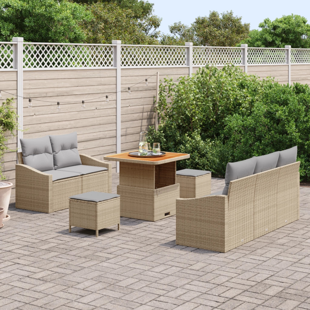 Set Divano da Giardino da 8 Pezzi con Cuscini Beige Polyrattan Acacia
