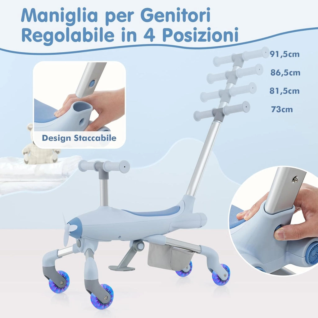 2 in 1 Auto a Spinta per Bambini, Giocattolo Scorrevole con Luci a LED Maniglia Rimovibile e Regolabile, Poggiapiedi Pieghevole e Cestino Posteriore Portaoggetti, per Bambini 18-70 Mesi (Blu)