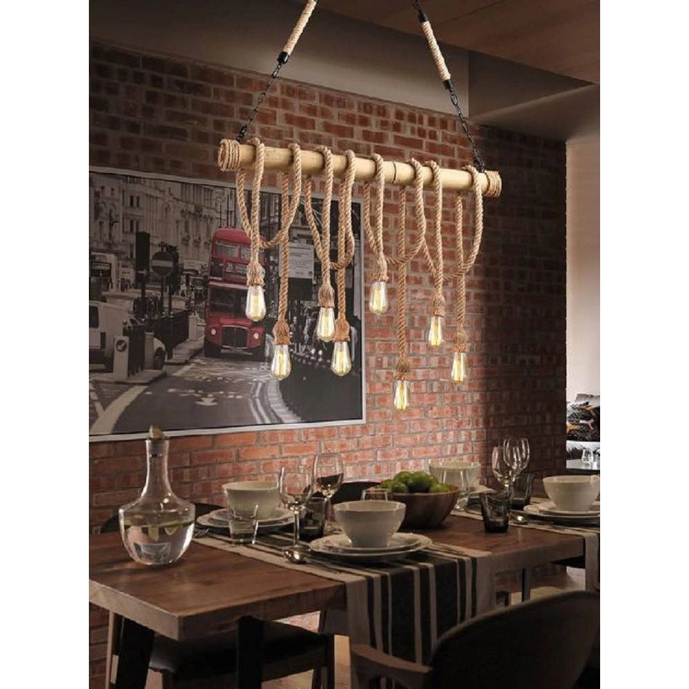 Trade Shop - Lampadario Country 8 Portalampada E27 Lampada Soffitto Retro Legno Corda B23-8 -