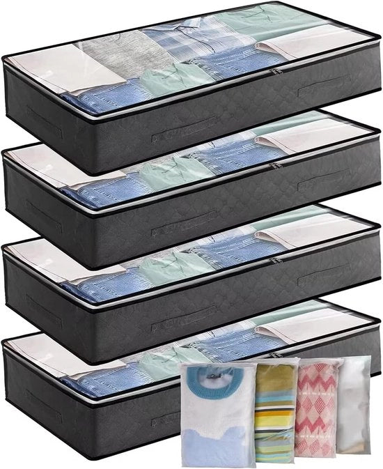 Cassetto di Stoccaggio per Sotto il Letto 4 Pack 90L Grande Cassetto di Stoccaggio per Sotto il Letto con 4 Grande Tasche con Cerniera - Vetrata in PVC per Abbigliamento, Coperte, Coperte, Cuscini, Quilts