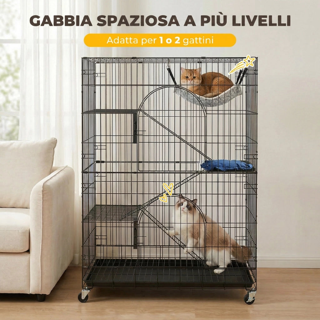 Gabbia Gatti a 4 Livelli con Amaca. Letto. Rampe e Piattaforme in Metallo con Ruote e Vassoio Estraibile. Nero