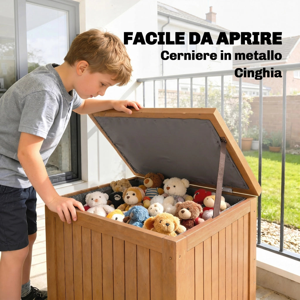 Cassapanca da Esterno 130L con Coperchio Cerniere e Cinghia, in Legno, 63x51x58.5 cm, Marrone